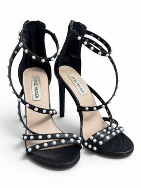 Steve Madden Meg Black Snake Pearl Ankle Strap Heels Vegan Leather (Women’s 6)